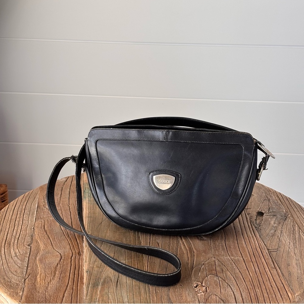 Vintage 70s Gucci Black Leather Crescent Crossbody Bag